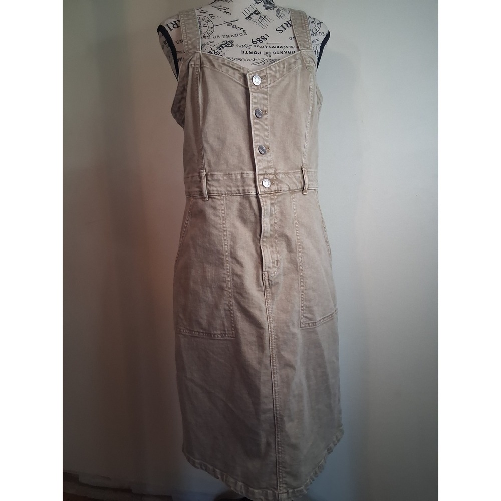 Gap Denim Tan Khaki Button Front Pinafore Midi Dress Utility Jumper Womens